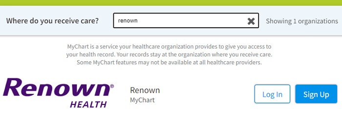 Renown Health search on Mychart.com website